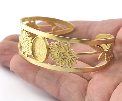 Oval Blank Flower Bracelet Monthly Flower (November Chrysanthemum) Base Setting Blank Bezel Raw brass (10x14mm Blank ) 3001