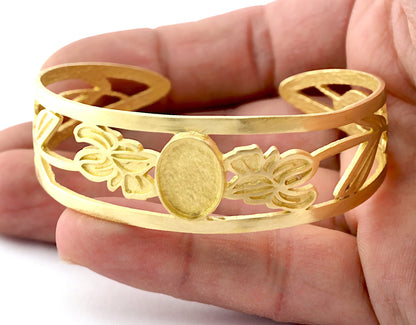 Oval Blank Flower Bracelet Monthly Flower (February Iris) Base Setting Blank Bezel Raw brass (10x14mm Blank ) 3789
