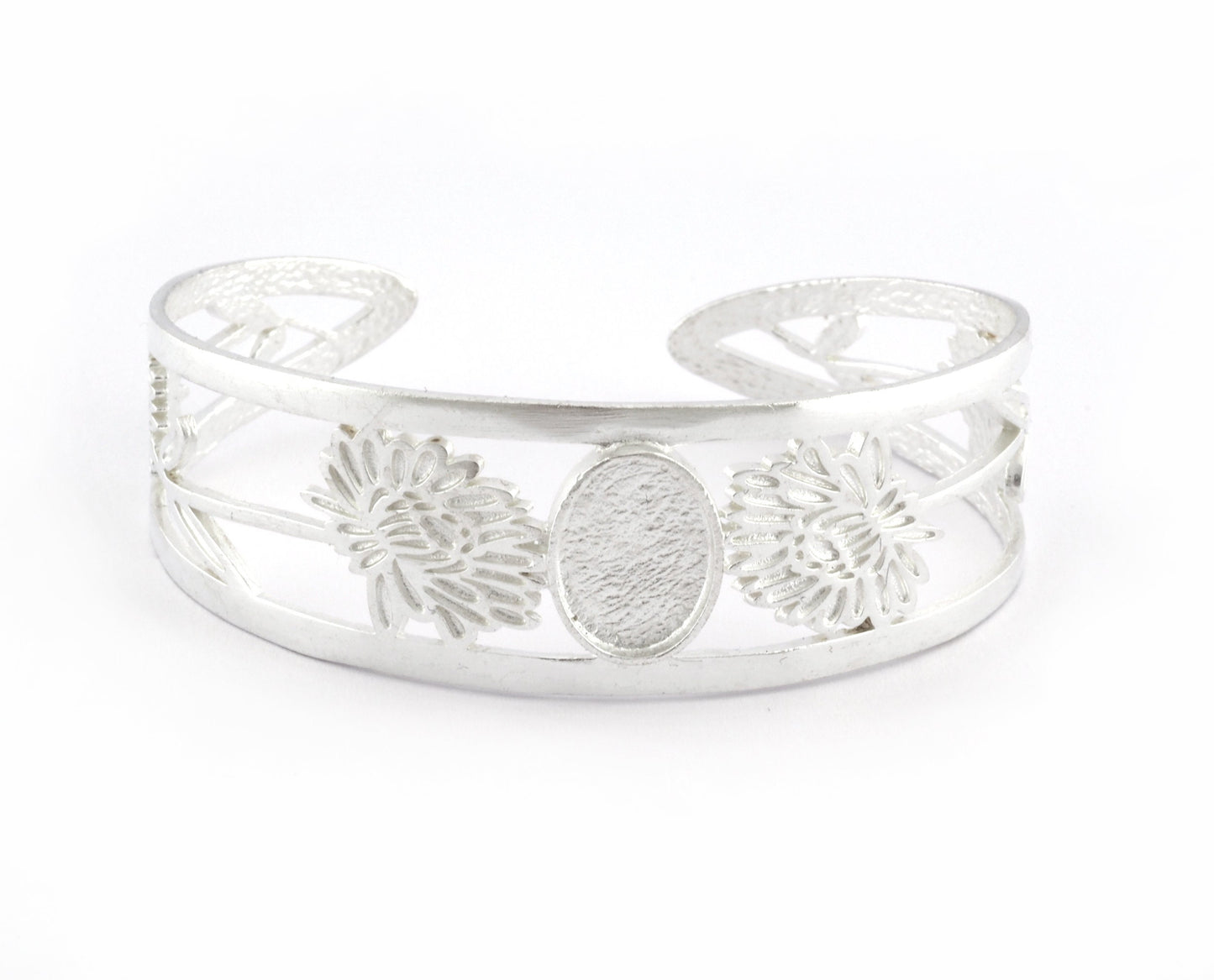 Oval Blank Flower Bracelet Monthly Flower (November Chrysanthemum) Base Setting Blank Bezel Shiny Silver Plated brass (10x14mm Blank ) 3001