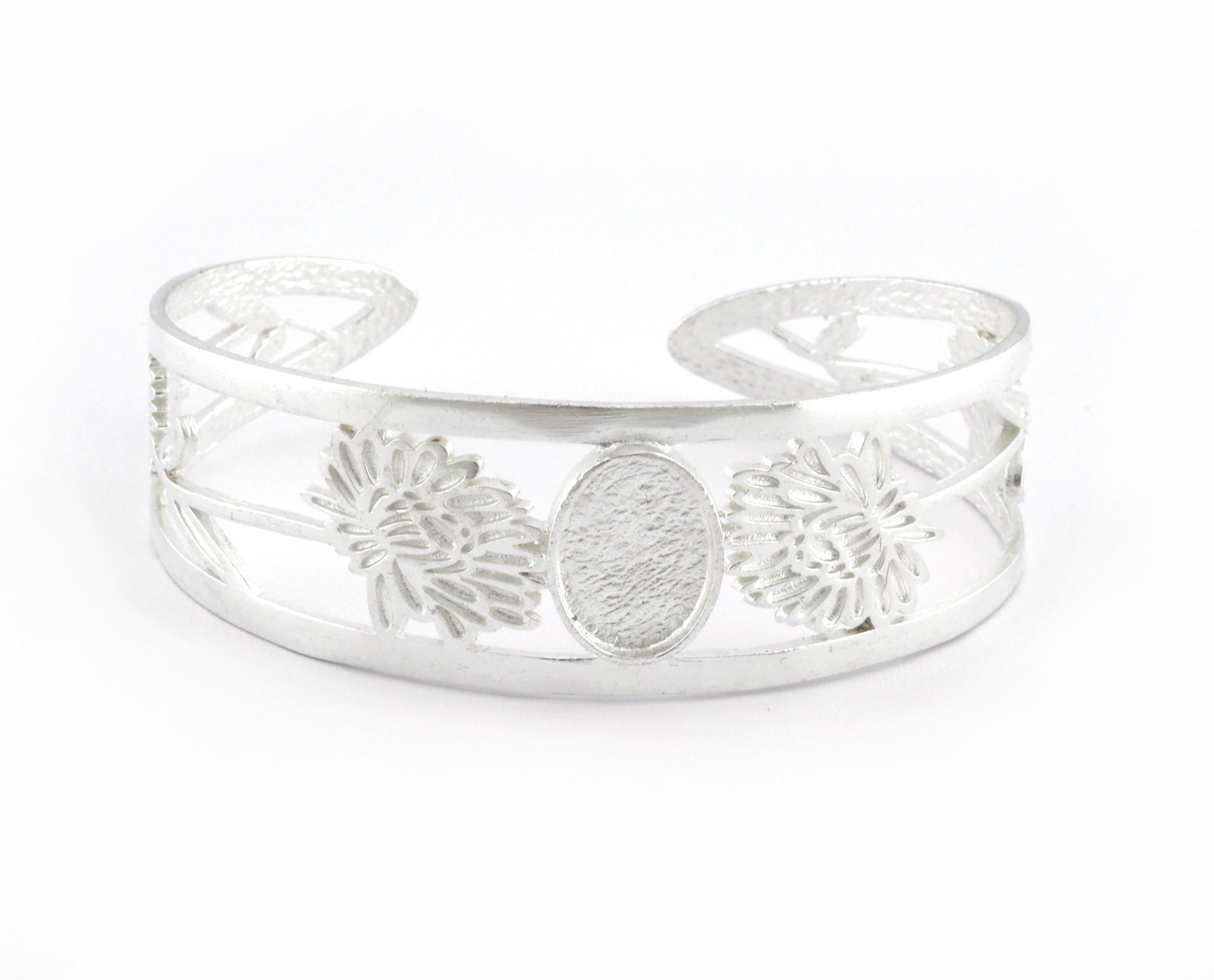 Oval Blank Flower Bracelet Monthly Flower (November Chrysanthemum) Base Setting Blank Bezel Shiny Silver Plated brass (10x14mm Blank ) 3001