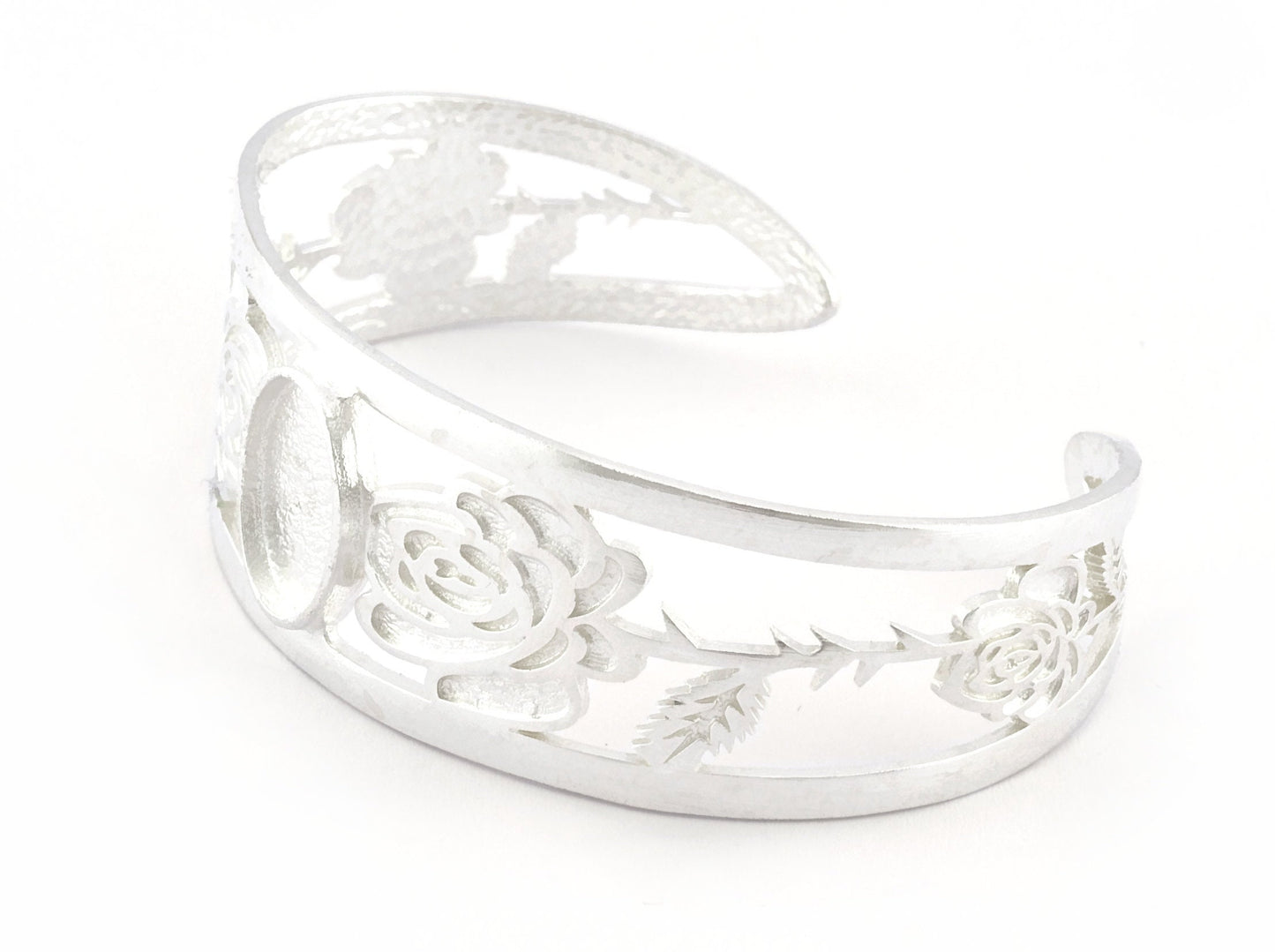 Oval Blank Flower Bracelet Monthly Flower (June Rose) Base Setting Blank Bezel Shiny Silver Plated Brass (10x14mm Blank ) 3049