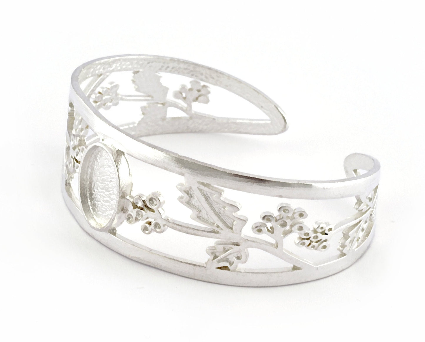 Oval Blank Flower Bracelet Monthly Flower (December Holly) Base Setting Blank Bezel Shiny Silver Plated Brass (10x14mm Blank ) 3646