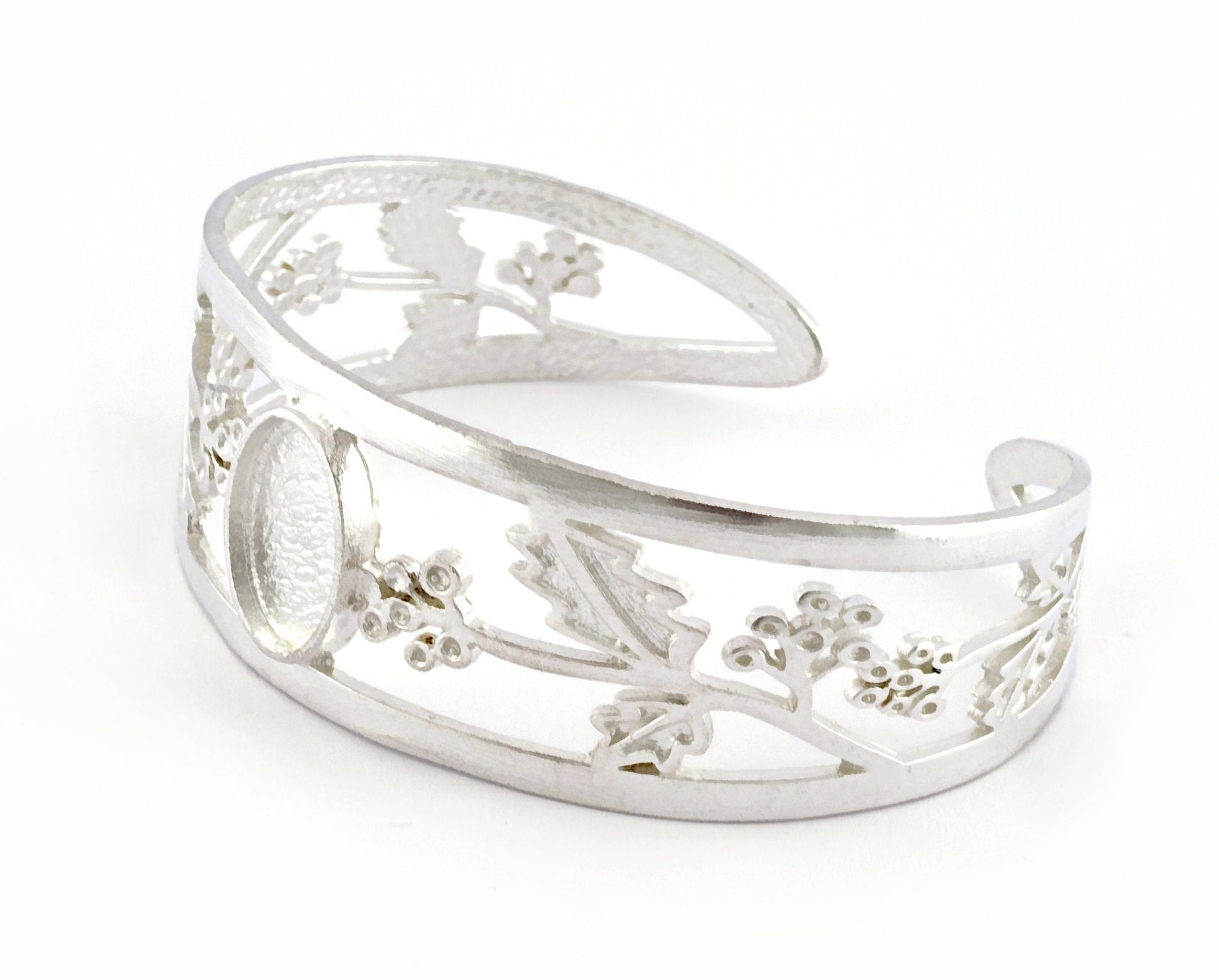 Oval Blank Flower Bracelet Monthly Flower (December Holly) Base Setting Blank Bezel Shiny Silver Plated Brass (10x14mm Blank ) 3646