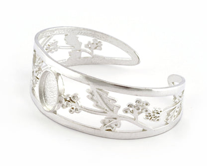 Oval Blank Flower Bracelet Monthly Flower (December Holly) Base Setting Blank Bezel Shiny Silver Plated Brass (10x14mm Blank ) 3646