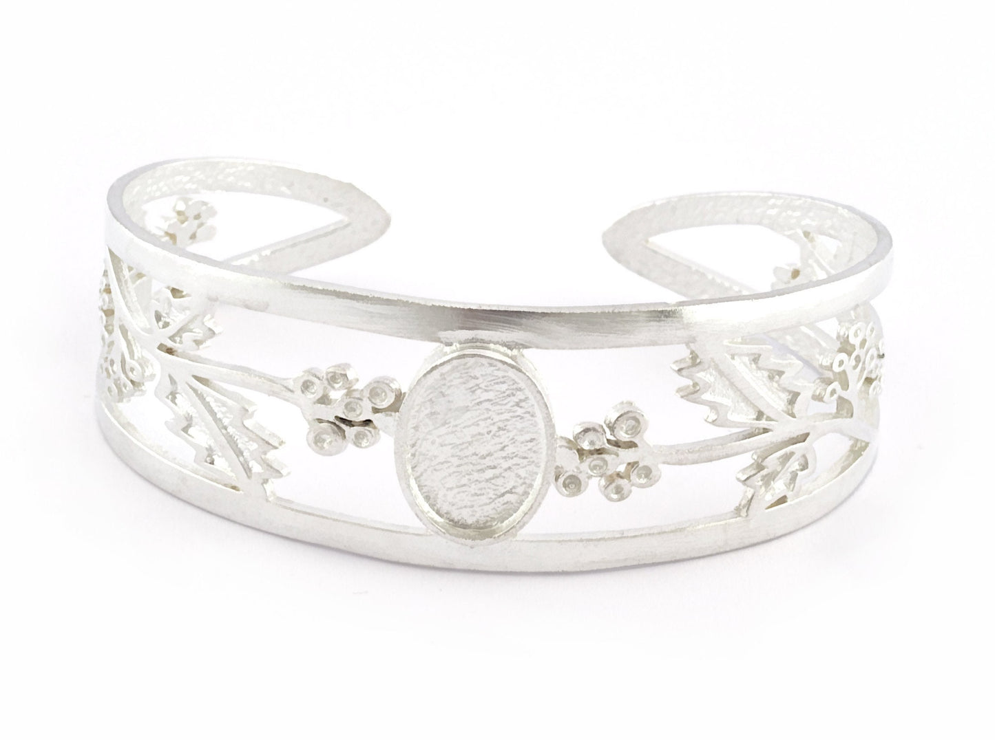 Oval Blank Flower Bracelet Monthly Flower (December Holly) Base Setting Blank Bezel Shiny Silver Plated Brass (10x14mm Blank ) 3646
