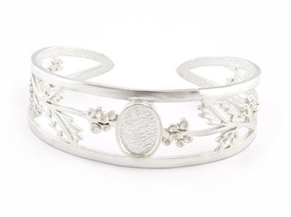 Oval Blank Flower Bracelet Monthly Flower (December Holly) Base Setting Blank Bezel Shiny Silver Plated Brass (10x14mm Blank ) 3646