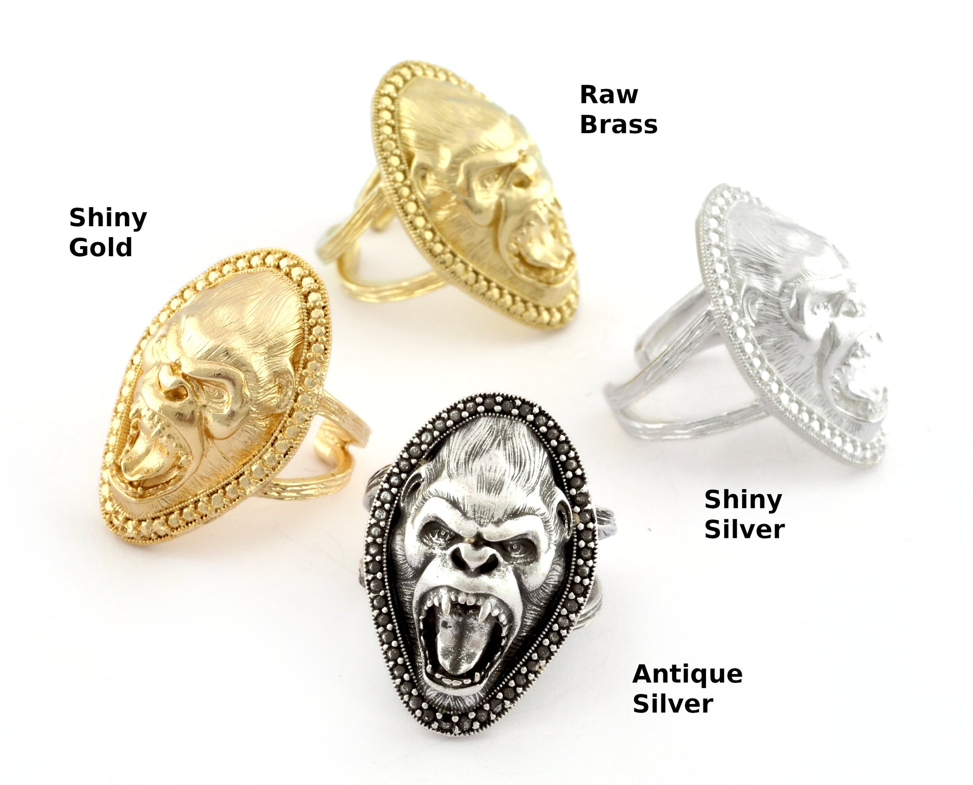 Gorilla Ring Adjustable Raw brass, Shiny Silver, Antique silver, Shiny gold (18mm 8US inner size) 3507