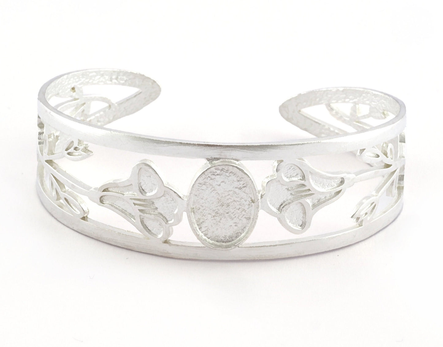 Oval Blank Flower Bracelet Monthly Flower (September Morning Glory) Base Setting Blank Bezel Shiny Silver Plated Brass (10x14mm Blank ) 5162