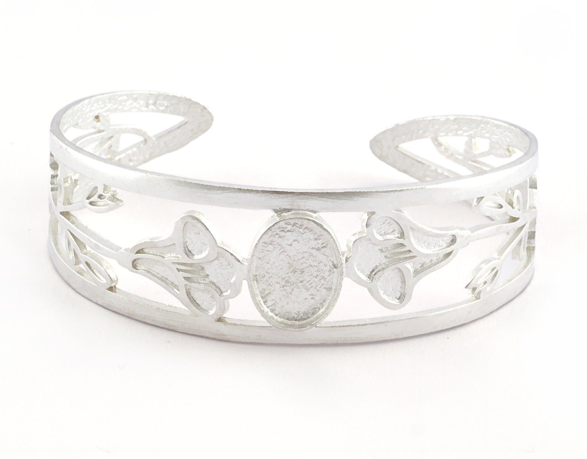 Oval Blank Flower Bracelet Monthly Flower (September Morning Glory) Base Setting Blank Bezel Shiny Silver Plated Brass (10x14mm Blank ) 5162