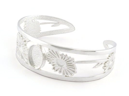 Oval Blank Flower Bracelet Monthly Flower (April Daisy) Base Setting Blank Bezel Shiny Silver Plated Brass (10x14mm Blank ) 2874