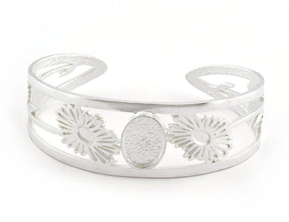 Oval Blank Flower Bracelet Monthly Flower (April Daisy) Base Setting Blank Bezel Shiny Silver Plated Brass (10x14mm Blank ) 2874