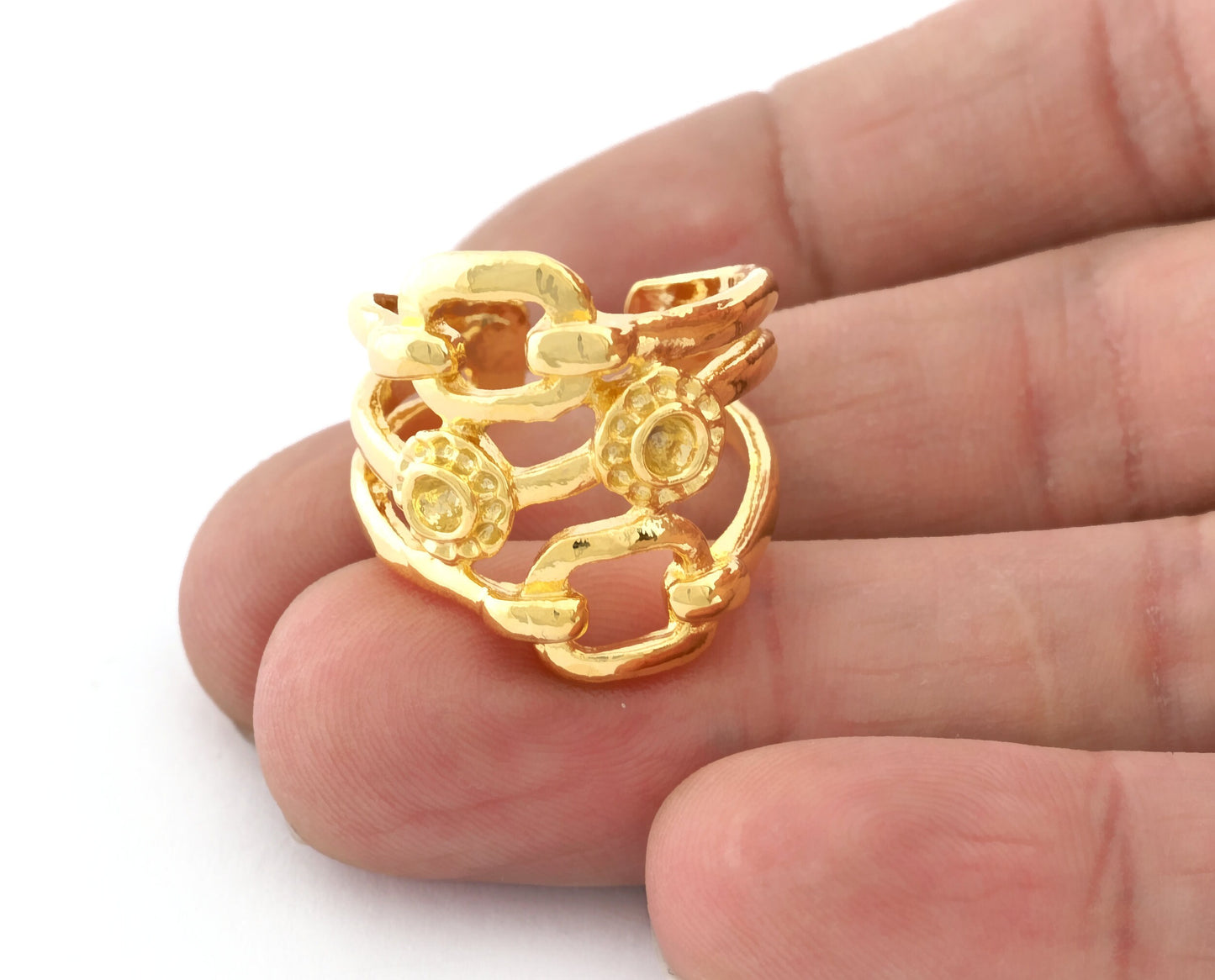 Chain Flower Ring Adjustable Ring Bezel - Shiny gold plated brass (18mm 8US inner size - Adjustable ) OZ2822