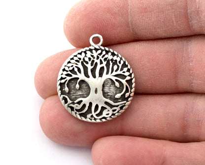 Tree Charms, Nature Charms, Round Pendant Raw Brass - Antique Silver - Shiny silver - Shiny gold 28x24mm 3044