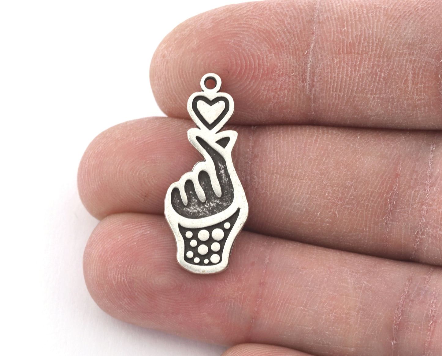 Finger Heart, Korean Heart , Hand Charms Pendant - Raw Brass - Antique Silver - Shiny silver - Shiny gold 29x12mm 3573