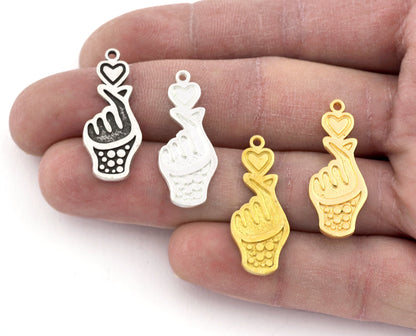 Finger Heart, Korean Heart , Hand Charms Pendant - Raw Brass - Antique Silver - Shiny silver - Shiny gold 29x12mm 3573