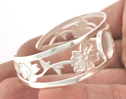 Oval Blank Flower Bracelet Monthly Flower (August Poppy) Base Setting Blank Bezel Shiny Silver Plated Brass (10x14mm Blank ) 3127