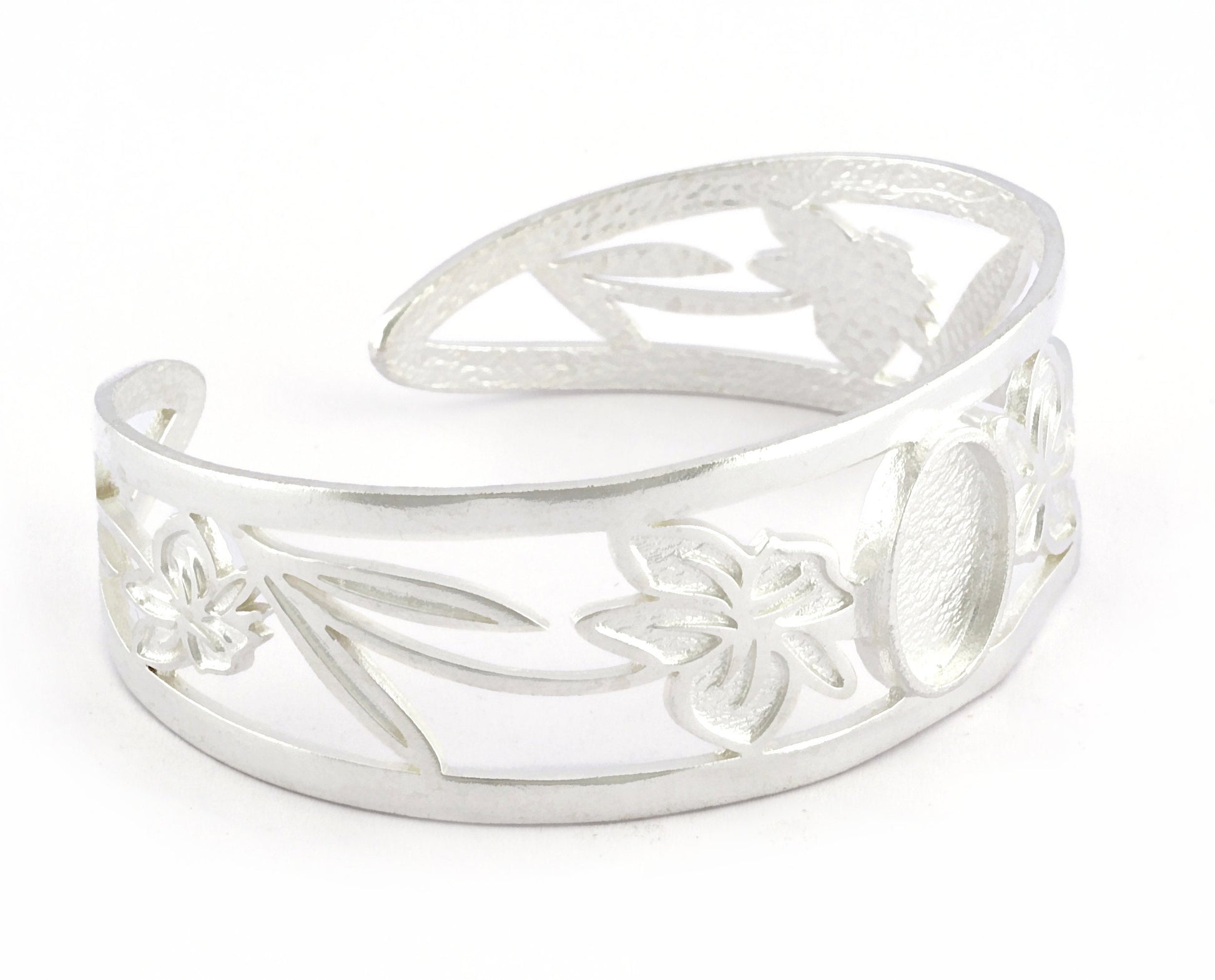 Oval Blank Flower Bracelet Monthly Flower (March Daffodil) Base Setting Blank Bezel Shiny Silver Plated Brass (10x14mm Blank ) 5158