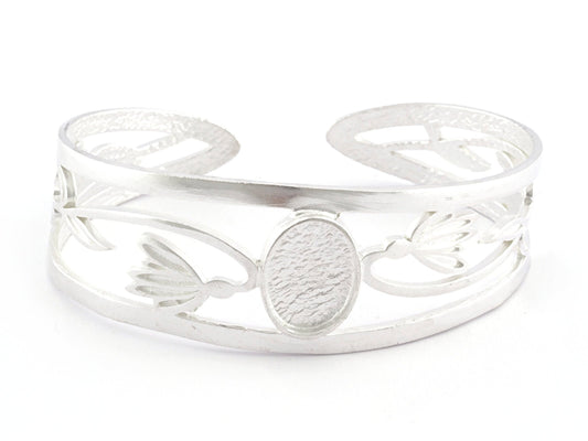 Oval Blank Flower Bracelet Monthly Flower (January Snowdrop) Base Setting Blank Bezel Shiny Silver Plated Brass (10x14mm Blank ) 5159