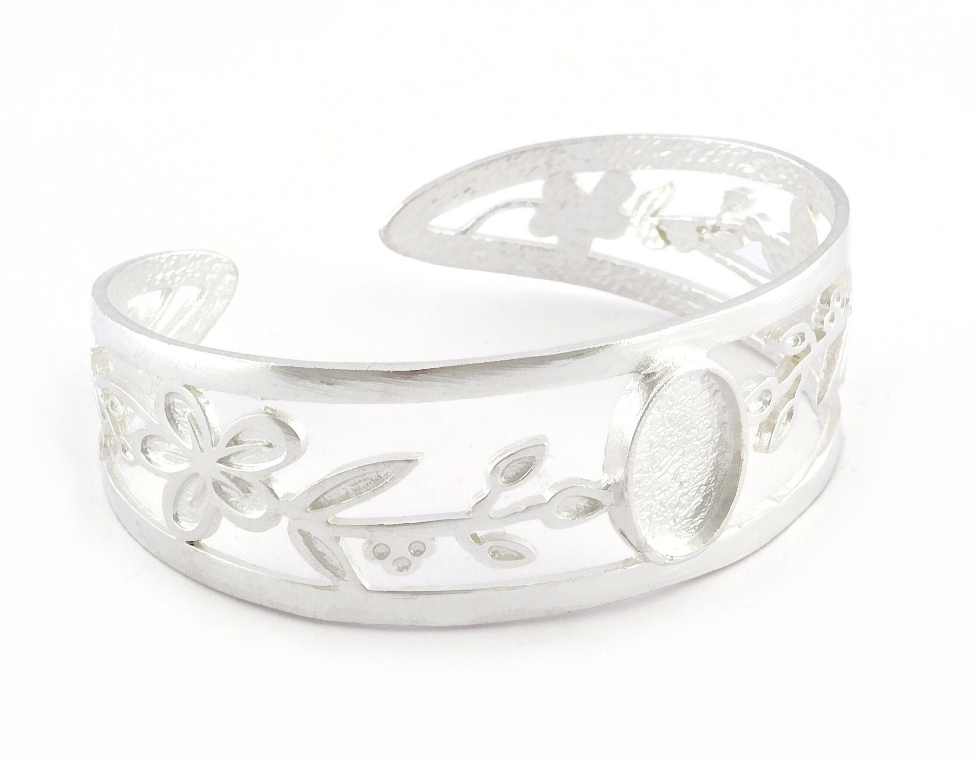 Oval Blank Flower Bracelet Monthly Flower (May Hawthorne) Base Setting Blank Bezel Shiny Silver Plated brass (10x14mm Blank ) 5163