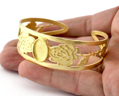 Oval Blank Flower Bracelet Monthly Flower (June Rose) Base Setting Blank Bezel Raw brass (10x14mm Blank ) 3049