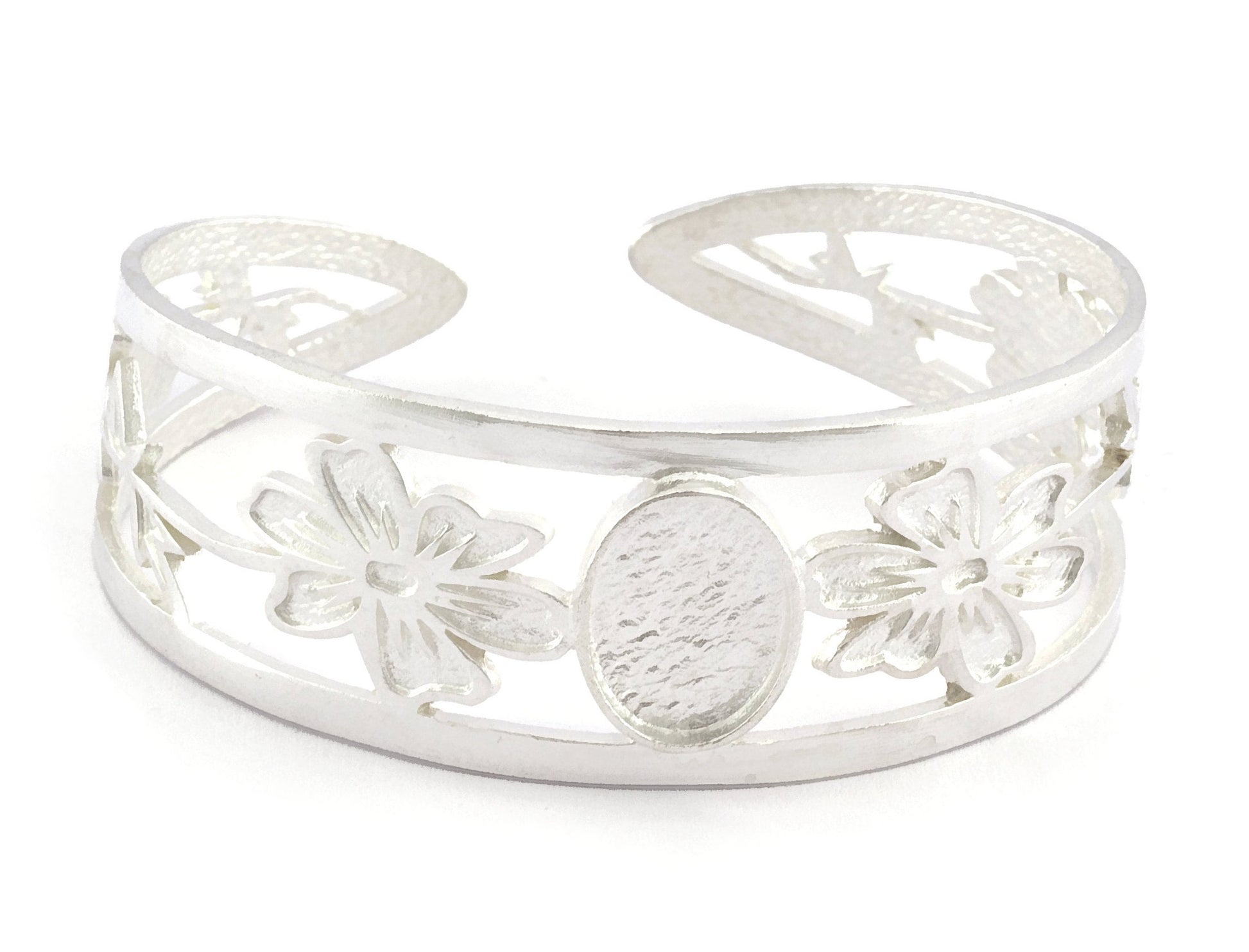Oval Blank Flower Bracelet Monthly Flower (October Cosmos) Base Setting Blank Bezel Shiny Silver Plated Brass (10x14mm Blank ) 5161
