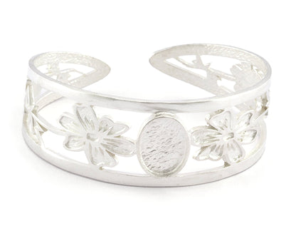 Oval Blank Flower Bracelet Monthly Flower (October Cosmos) Base Setting Blank Bezel Shiny Silver Plated Brass (10x14mm Blank ) 5161