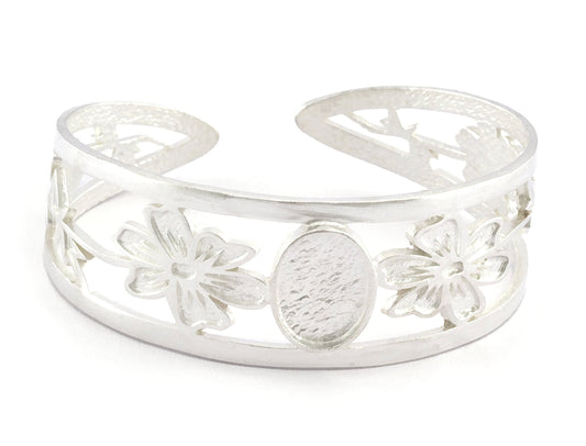 Oval Blank Flower Bracelet Monthly Flower (October Cosmos) Base Setting Blank Bezel Shiny Silver Plated Brass (10x14mm Blank ) 5161