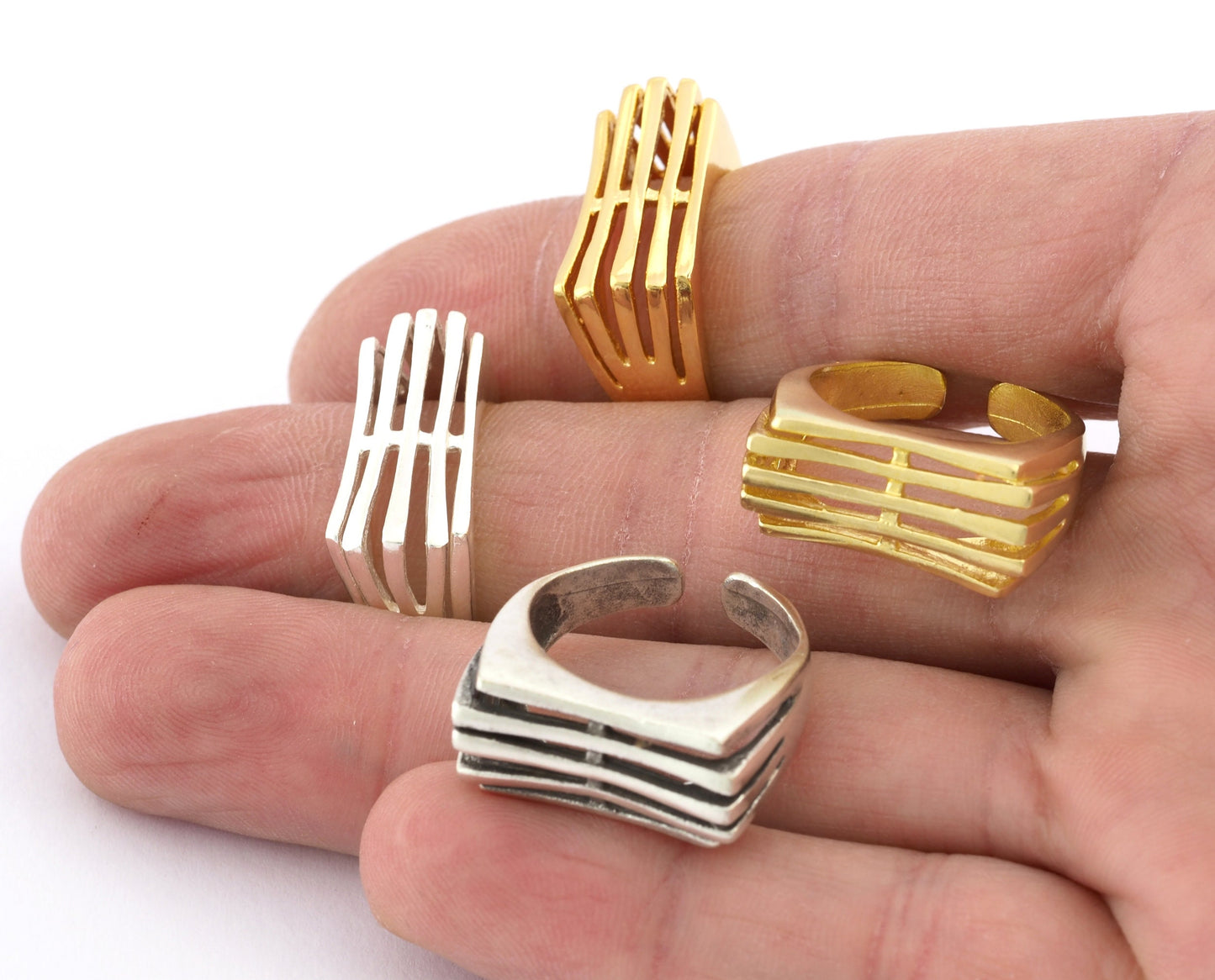 Lines Ring , Adjustable , Raw Brass,Antique Silver Shiny silver, Shiny gold plated Brass (8us) 5357
