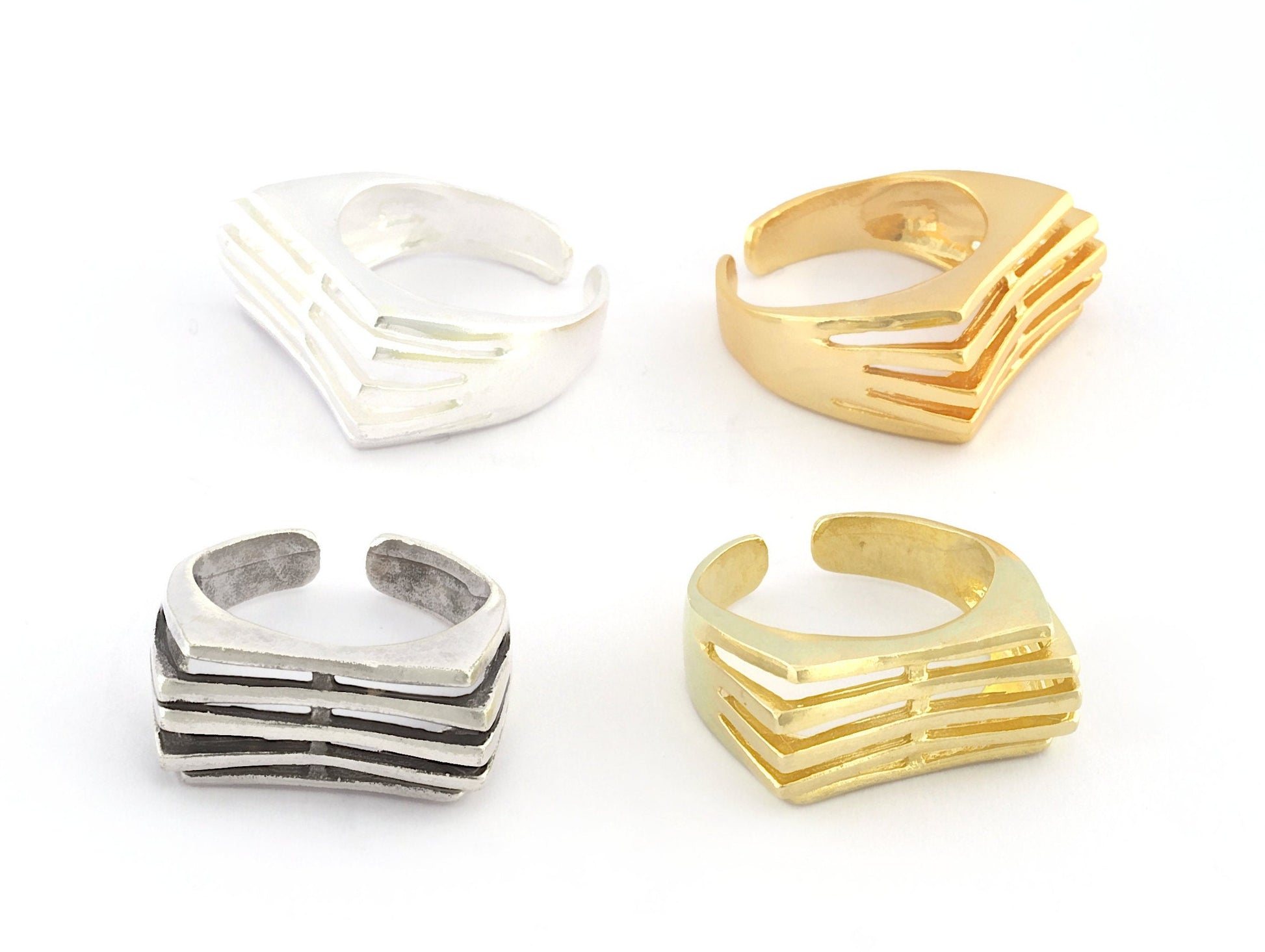 Lines Ring , Adjustable , Raw Brass,Antique Silver Shiny silver, Shiny gold plated Brass (8us) 5357
