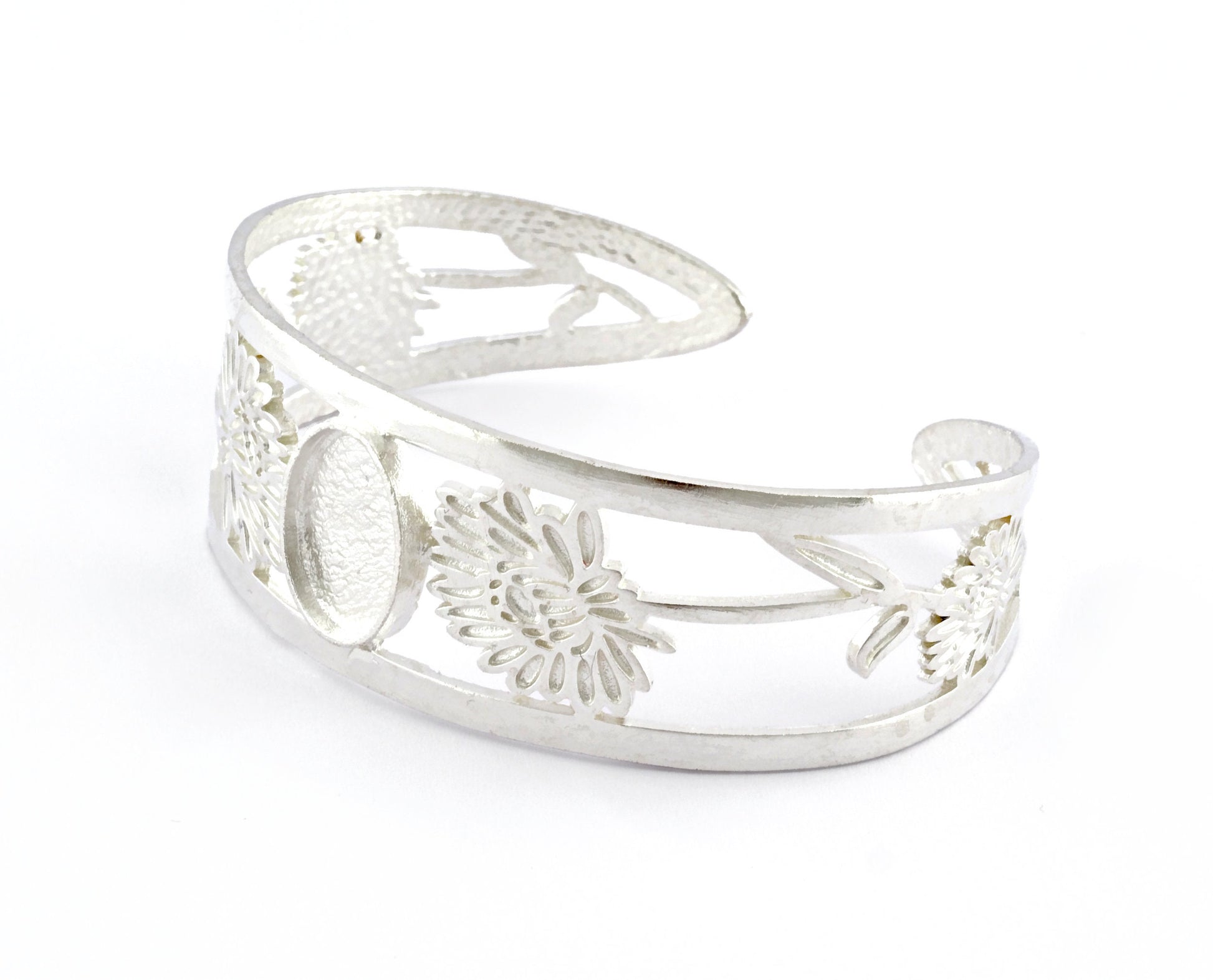 Oval Blank Flower Bracelet Monthly Flower (November Chrysanthemum) Base Setting Blank Bezel Shiny Silver Plated brass (10x14mm Blank ) 3001