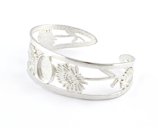 Oval Blank Flower Bracelet Monthly Flower (November Chrysanthemum) Base Setting Blank Bezel Shiny Silver Plated brass (10x14mm Blank ) 3001