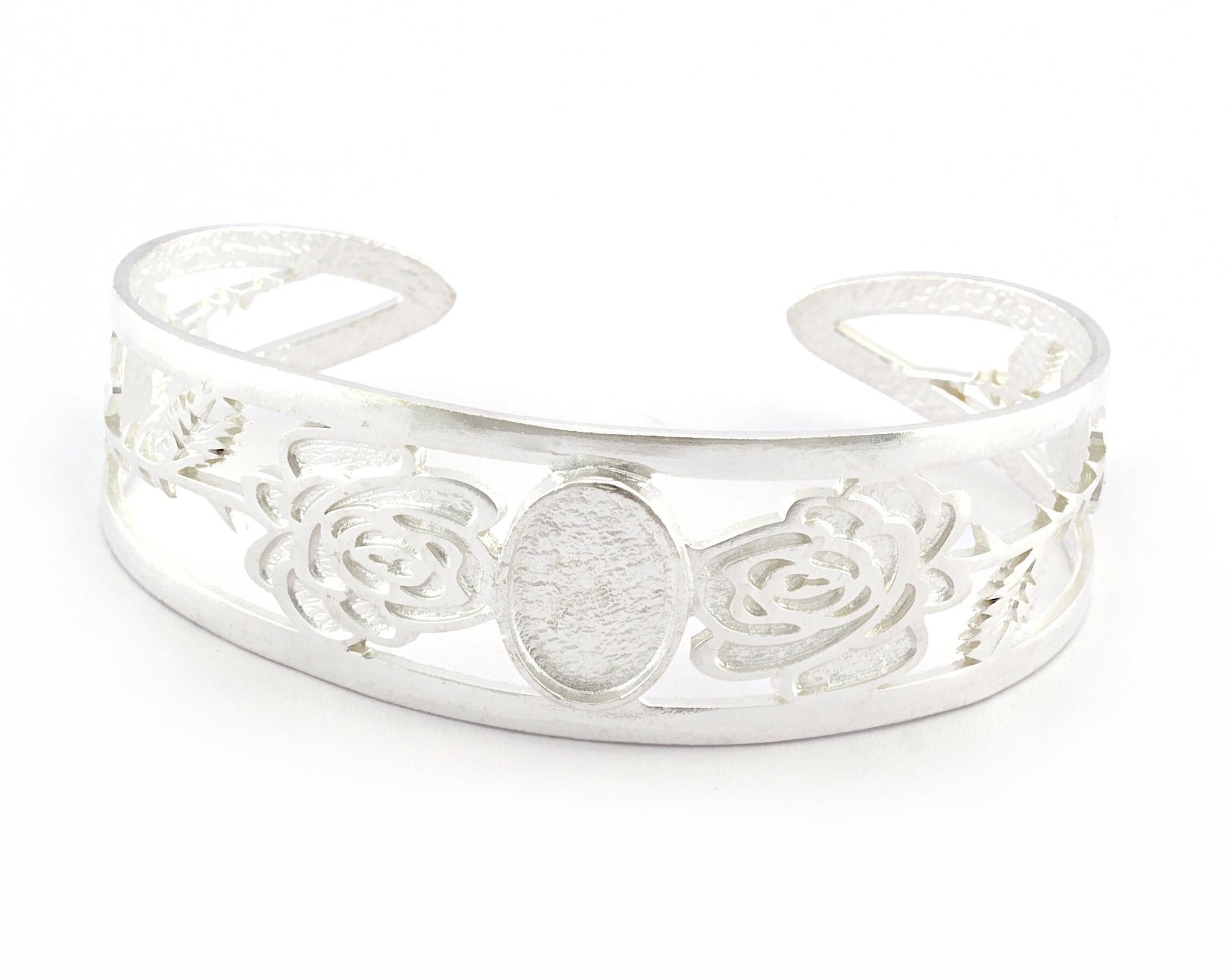 Oval Blank Flower Bracelet Monthly Flower (June Rose) Base Setting Blank Bezel Shiny Silver Plated Brass (10x14mm Blank ) 3049