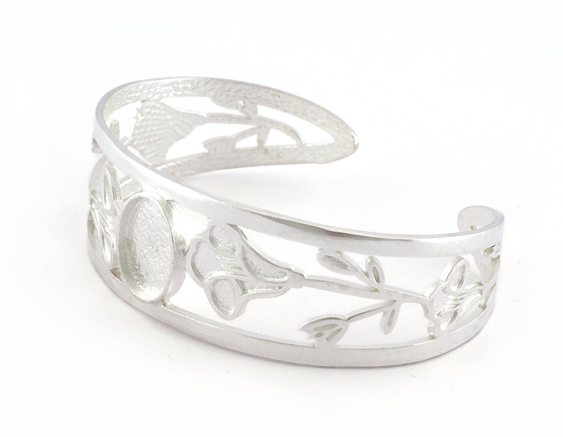 Oval Blank Flower Bracelet Monthly Flower (September Morning Glory) Base Setting Blank Bezel Shiny Silver Plated Brass (10x14mm Blank ) 5162