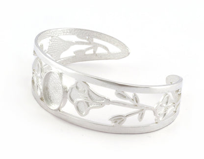 Oval Blank Flower Bracelet Monthly Flower (September Morning Glory) Base Setting Blank Bezel Shiny Silver Plated Brass (10x14mm Blank ) 5162
