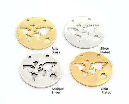 World Map, World continents Connector Charms Pendant - Raw Brass - Antique Silver - Shiny silver - Shiny gold 27mm 5364