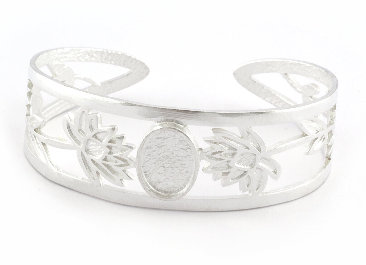 Oval Blank Flower Bracelet Monthly Flower (July Water Lily) Base Setting Blank Bezel Shiny Silver Plated brass (10x14mm Blank ) 5160