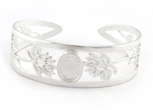 Oval Blank Flower Bracelet Monthly Flower (July Water Lily) Base Setting Blank Bezel Shiny Silver Plated brass (10x14mm Blank ) 5160