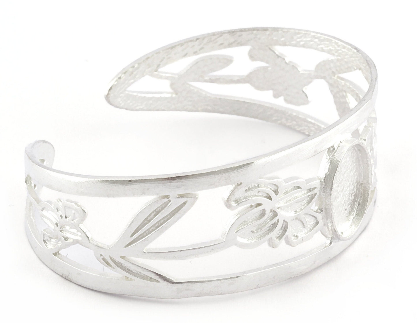 Oval Blank Flower Bracelet Monthly Flower (February Iris) Base Setting Blank Bezel Shiny Silver Plated Brass (10x14mm Blank ) 3789