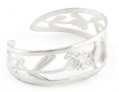 Oval Blank Flower Bracelet Monthly Flower (February Iris) Base Setting Blank Bezel Shiny Silver Plated Brass (10x14mm Blank ) 3789