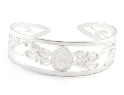 Oval Blank Flower Bracelet Monthly Flower (February Iris) Base Setting Blank Bezel Shiny Silver Plated Brass (10x14mm Blank ) 3789