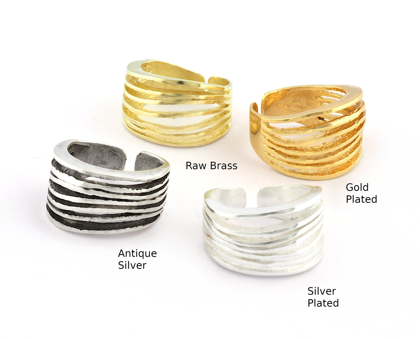 Lines Ring , Adjustable , Raw Brass,Antique Silver Shiny silver, Shiny gold plated Brass (8us) 5368