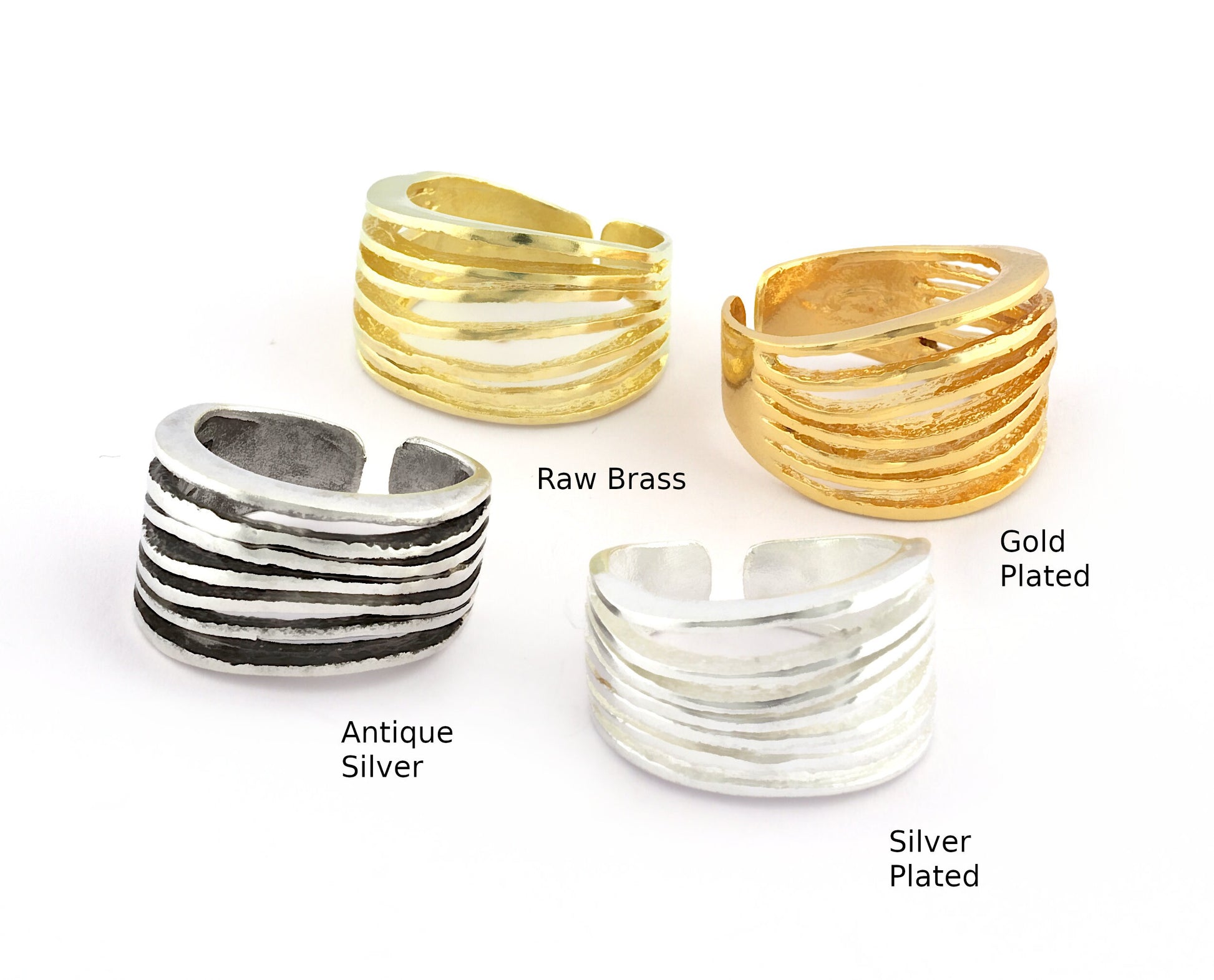 Lines Ring , Adjustable , Raw Brass,Antique Silver Shiny silver, Shiny gold plated Brass (8us) 5368