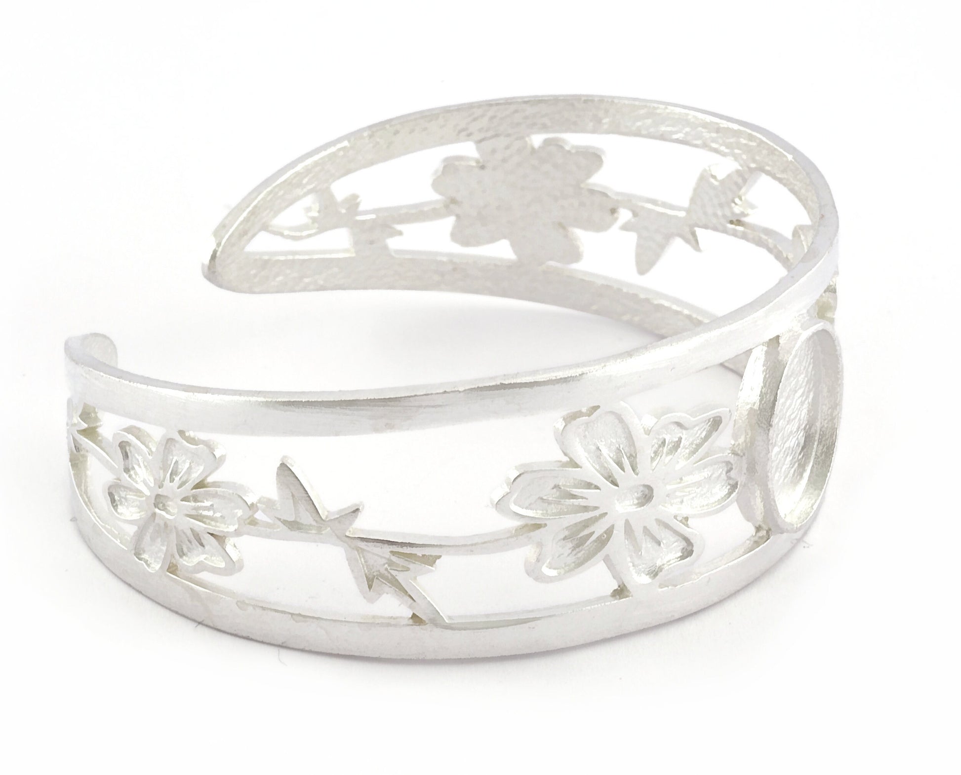 Oval Blank Flower Bracelet Monthly Flower (October Cosmos) Base Setting Blank Bezel Shiny Silver Plated Brass (10x14mm Blank ) 5161