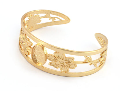 Oval Blank Flower Bracelet Monthly Flower (October Cosmos) Base Setting Blank Bezel Shiny Gold Plated Brass (10x14mm Blank ) 5161