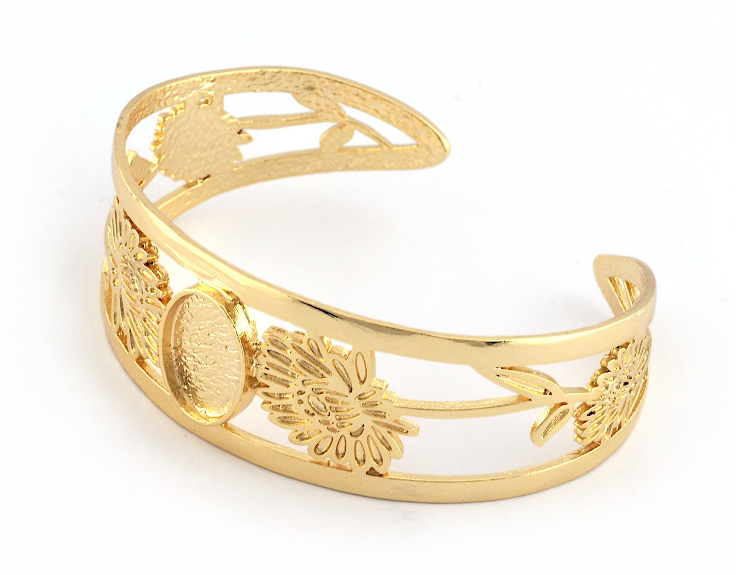 Oval Blank Flower Bracelet Monthly Flower (November Chrysanthemum) Base Setting Blank Bezel Shiny Gold Plated brass (10x14mm Blank ) 3001