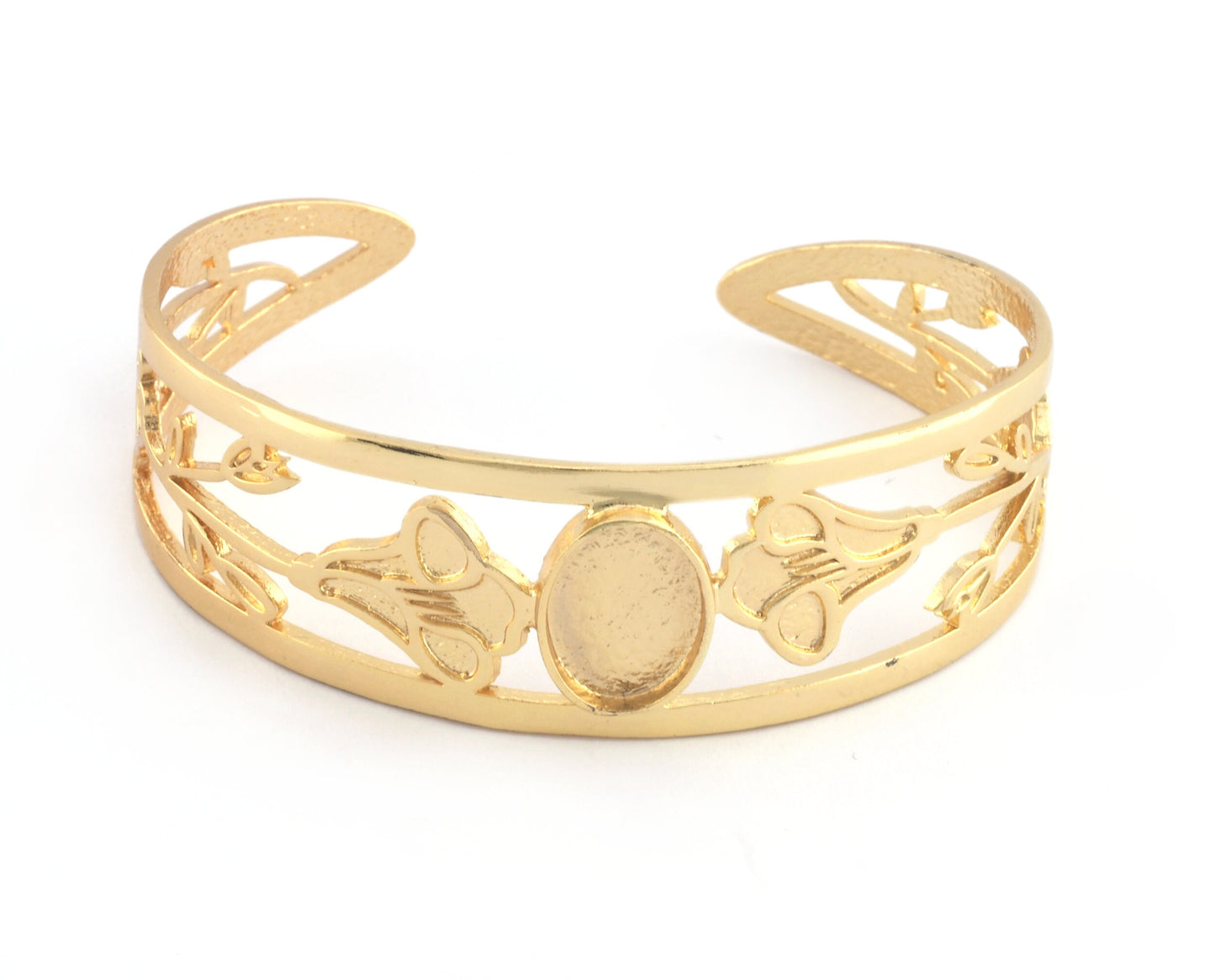 Oval Blank Flower Bracelet Monthly Flower (September Morning Glory) Base Setting Blank Bezel Shiny Gold Plated Brass (10x14mm Blank ) 5162