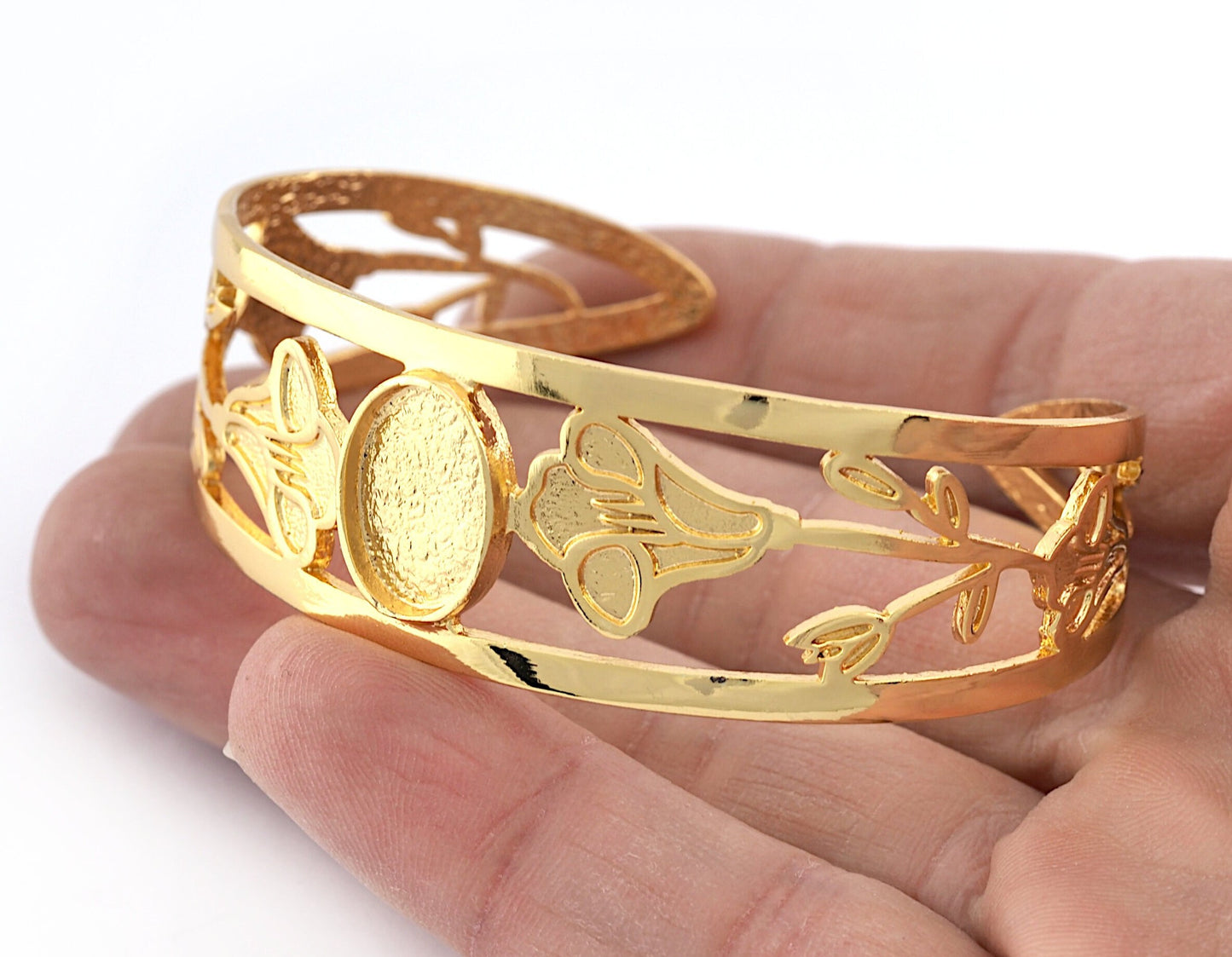 Oval Blank Flower Bracelet Monthly Flower (September Morning Glory) Base Setting Blank Bezel Shiny Gold Plated Brass (10x14mm Blank ) 5162