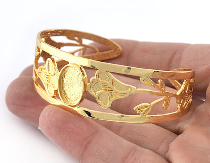 Oval Blank Flower Bracelet Monthly Flower (September Morning Glory) Base Setting Blank Bezel Shiny Gold Plated Brass (10x14mm Blank ) 5162