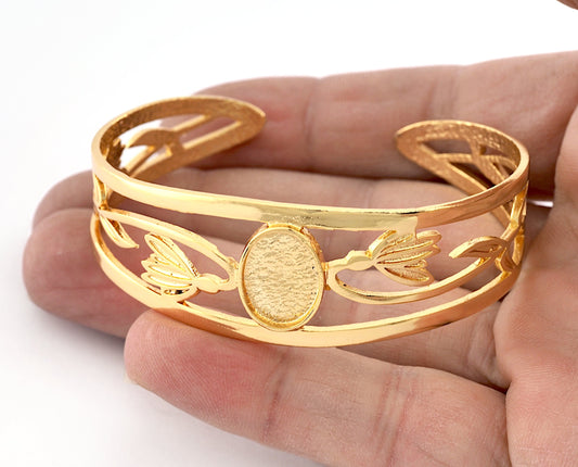 Oval Blank Flower Bracelet Monthly Flower (January Snowdrop) Base Setting Blank Bezel Shiny Gold Plated Brass (10x14mm Blank ) 5159