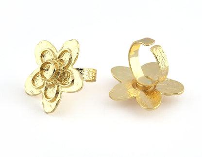 Daisy Flower Ring , Adjustable , Round Blank Bezel Setting - Shiny Gold Plated Brass (6mm Blank ) 5351